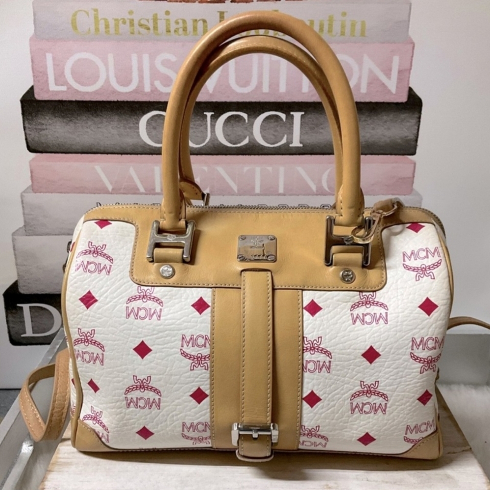 MCM White & Tan Logo Boston  Satchel Bag Purse W COA & Dust Bag